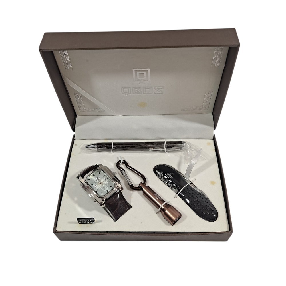 Vintage QBOS Gents Leather Watch Pen Multi Tool Flashlight Gift Set Untested NOB